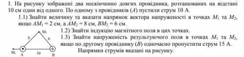 На рисунку зображені два нескінченно довгих провідника, розташованих на відстані 10 см один від одно