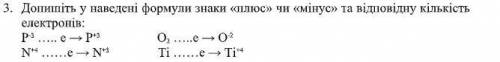 Допишіть у наведені формули знаки плюс чи мінус та відповідну кількість електронів: