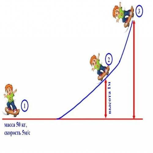 На рисунке показано движение скейтбордиста. Вычислите кинетическую Ek в 1 положении, Е п потенц энер