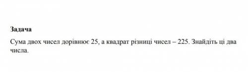 Сума двох чисел дорівнює 25 а сума їх квадратів -225.Згайдіть ці два числа​