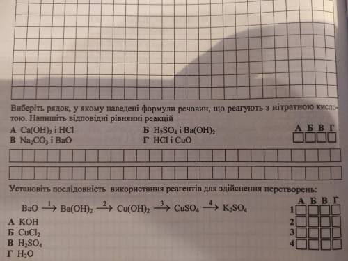 Вибери рядок у якому наведені формули речовин що реагують з нітратною кислотою.Напишить відповідні р