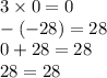 3 \times 0 = 0 \\ - ( - 28) = 28 \\ 0 + 28 = 28 \\ 28 = 28