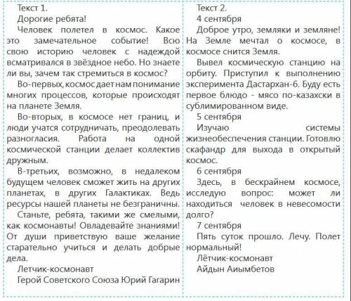 Задание: прочитать письмо и дневник космонавтов. Заполнить таблицу, сравнивая тексты.