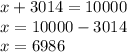 x + 3014 = 10000 \\ x = 10000 - 3014 \\ x = 6986