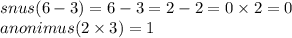 snus(6 - 3) = 6 - 3 = 2 - 2 = 0 \times 2 = 0 \\ anonimus(2 \times 3) = 1