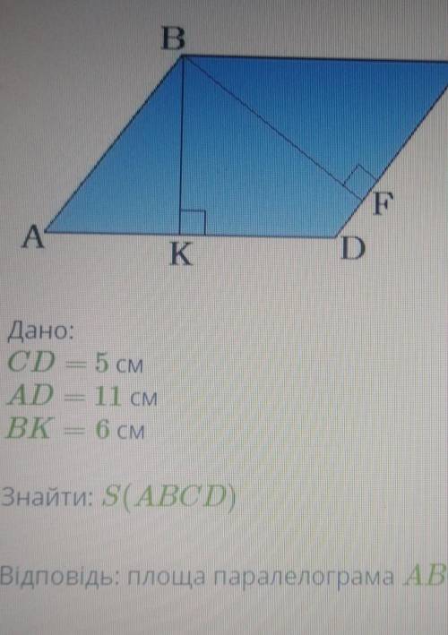 Дано: CD=5 CMAD — 11 смВК — 6 смЗнайти: S (ABCD)Відповідь: Площа паралелограма ABCD дорівнює:​