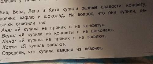 Аня, Вера, Лена и Катя купили разные сладости: конфету, пряник, вафлю и шоколад. На вопрос, что они