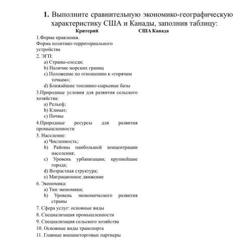 Выполните сравнительную экономико-географическую характеристику США и Канады, заполнив таблицу(см.фо