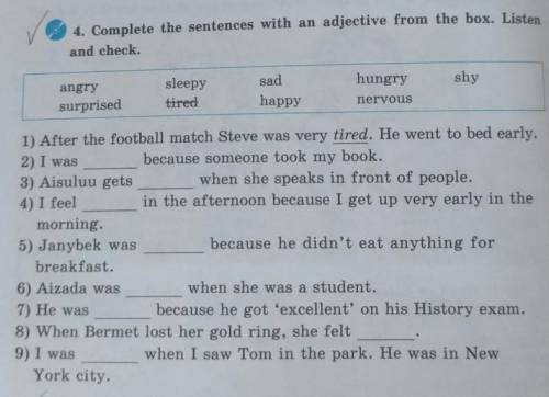 4.complete the sentences with an adjective from the box. listen and check​