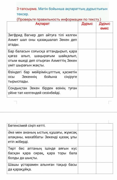 3-тапсырма. Мәтін бойынша ақпараттың дұрыстығын тексер. (Проверьте правильность информации по тексту