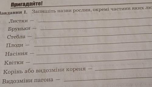 Запишіть назви рослин окремі частини яких людина споживає їжу?​