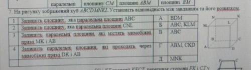 На рисунку зображений куб ABCDMNKL. Установіть відповідність між завданням та його розв'язком.​