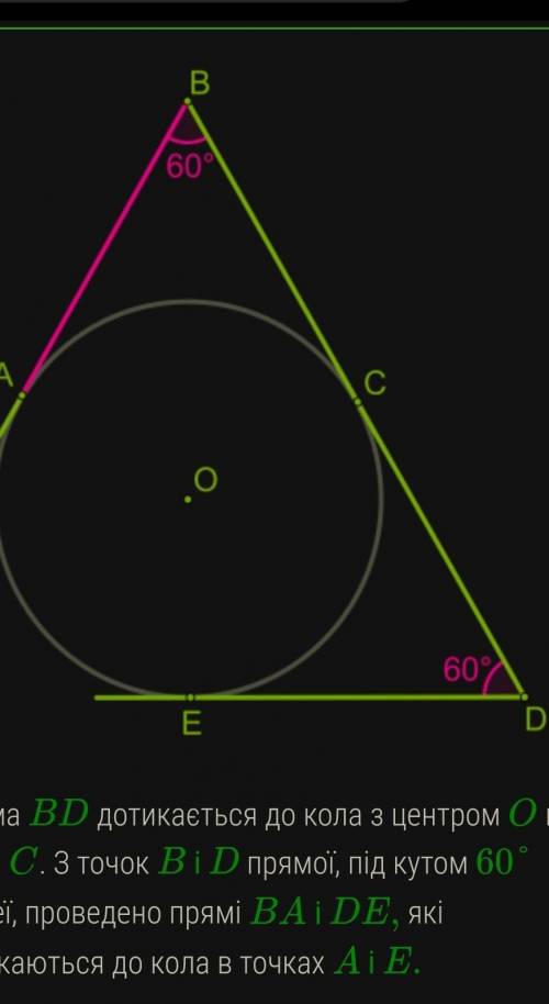 Пряма BD дотикається до кола з центром O в точці C. З точок B і D прямої, під кутом 60° до неї, пров