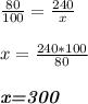 \frac{80}{100} =\frac{240}{x} \\\\x=\frac{240*100}{80} \\\\\emph{\textbf{x=300}}