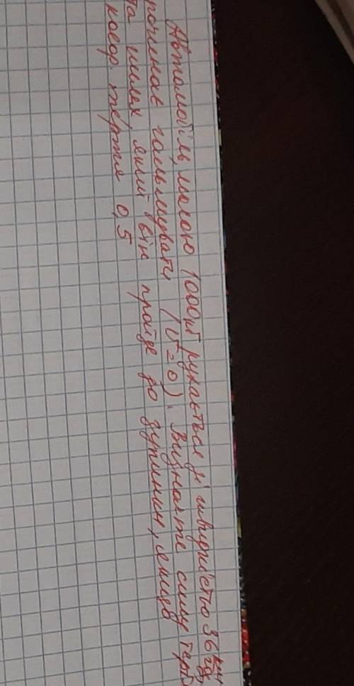 Автомобіль масою 1 т рухається зі швидкістю 36 км/год, починає гальмувати. Визначте силу тертя та шл