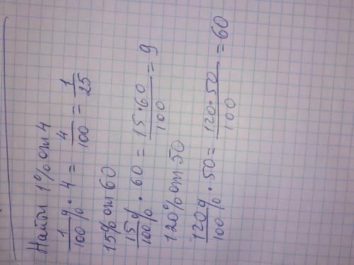 Знайдіть 1% від числа 4 15% від числа 60 120% від числа 50