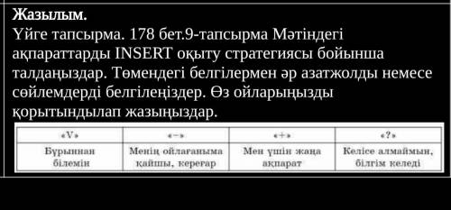 Үйге тапсырма. 178 бет.9-тапсырма Мәтіндегі ақпараттарды INSERT оқыту стратегиясы бойынша талдаңызда