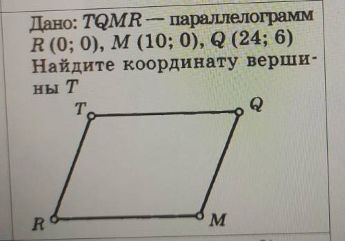 Дано: TQMR-параллелограмм R(0;0) , M(10;0), Q(24;6)Найдите координату вершины Т​