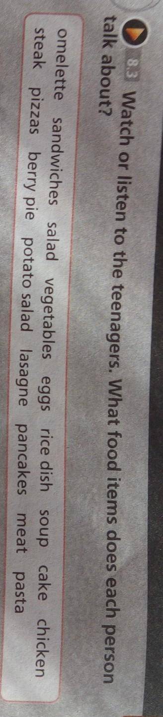 8.3 Watch or listen to the teenagers. What food items does each person talk about? omelette. sandwic