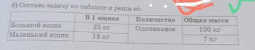 Б) Составь задачу по таблице и реши её. В 1 ящикеКоличествоБольшой ящик25 кгОдинаковоеМаленький ящик