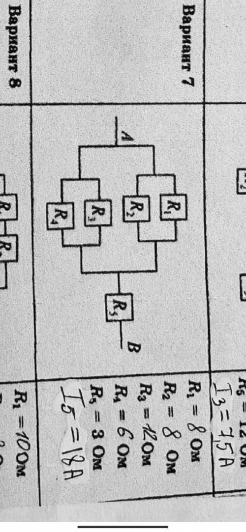 R1=8 Ом; R2=8 Ом; R3=12 Ом; R4=6 Ом; R5=3 Ом; I5=18 A. 1) найти общее сопротивление схемы, общую с