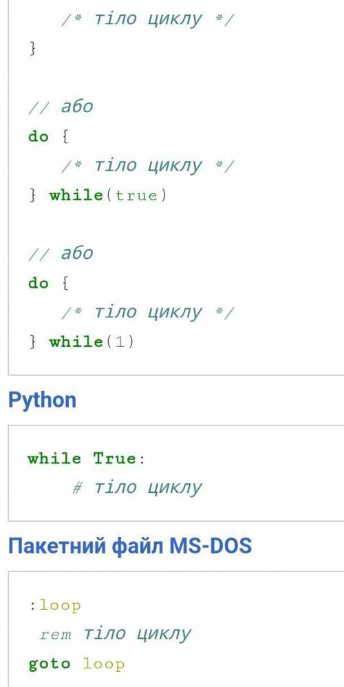 Наведіть фрагмент програми, яка ілюструє нескінченний цикл