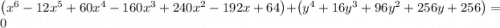 \left(x^6-12x^5+60x^4-160x^3+240x^2-192x+64\right)+\left(y^4+16y^3+96y^2+256y+256\right)=0