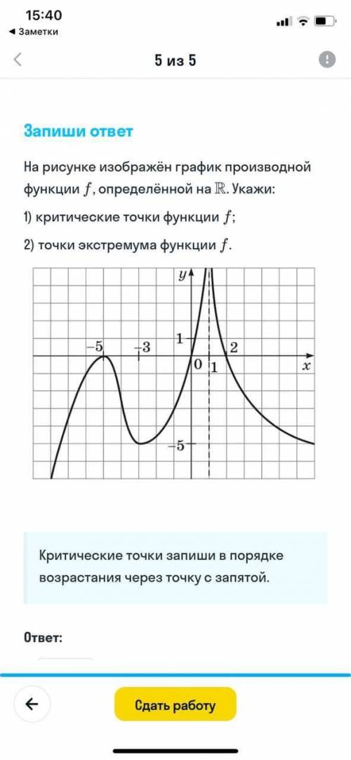 На рисунке изображен график прозводной функции f, определённой на R. Укажи: 1) критические точки фун