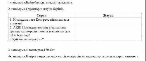 тапсырма.Сұрақтарға жауап беріңіз . Жауап Сұрақ 1. Кітапхана неге Конгресс кітап ханасы атанған ? 2.