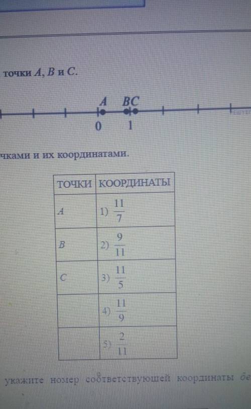 Задание: на координатной прямой отмечены точки A, B и C Установите соответствие между точками и их к