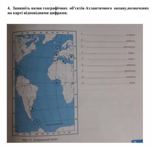 ГЕОГРАФИЯ Запишіть назви географічних об'єктів Атлантичного океану,позначених на карті відповідними 