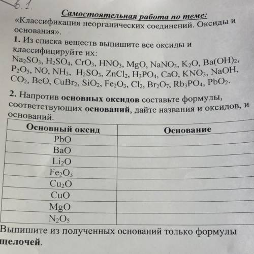 2. Напротив основных оксидов составьте формулы, соответствующих оснований, дайте названия и оксидов,