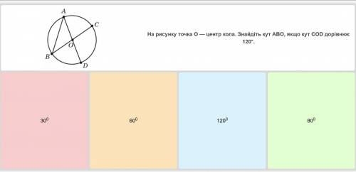 На рисунку точка О — центр кола. Знайдіть кут ABO, якщо кут COD дорівнює 120°.