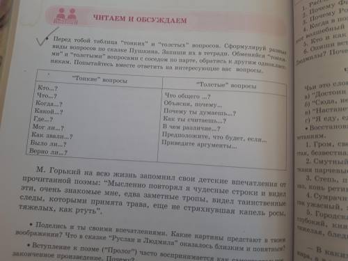 Перед тобой таблица Тонких и Толстых вопросов. Сформулируй разные виды вопросов по сказке Пушкин