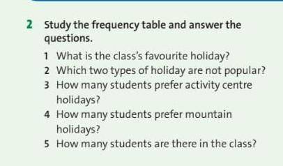 2 Study the frequency table and answer the questions.1 What is the class's favourite holiday?2 Which