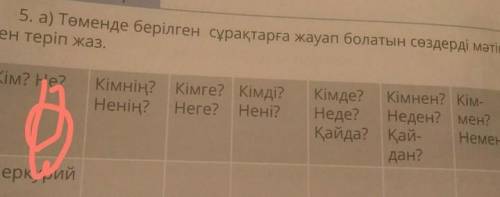 5. а) Төменде берілген сұрақтарға жауап болатын сөздерді мәтін нен теріп жаз.Кім? Не?Кімнің? Кімге? 