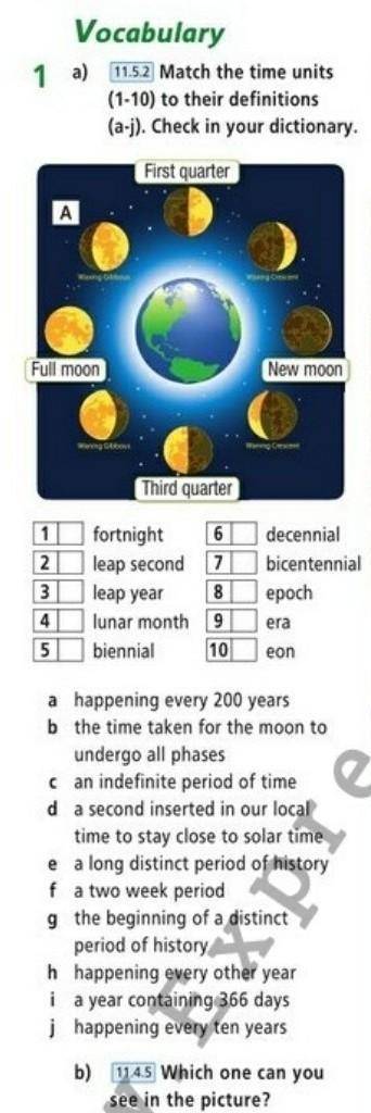 Match the time units (1-10) to their definitions (a-j). Check in your dictionary.​