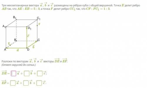 Три некомпланарных вектора a→, b→ и c→ размещены на рёбрах куба с общей вершиной. Точка E делит ребр