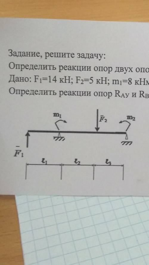 ВАРИАНТ-7 Задание, решите задачу:Определить реакции опор двух опорной балки.Дано: F=14 кН; F2=5 кН; 