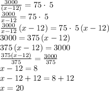 \frac{3000}{\left(x-12\right)}=75\cdot \:5\\\frac{3000}{x-12}=75\cdot \:5\\\frac{3000}{x-12}\left(x-12\right)=75\cdot \:5\left(x-12\right)\\3000=375\left(x-12\right)\\375\left(x-12\right)=3000\\\frac{375\left(x-12\right)}{375}=\frac{3000}{375}\\x-12=8\\x-12+12=8+12\\x=20