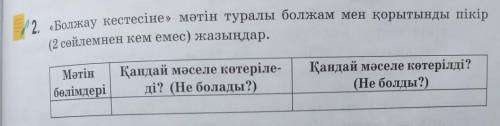 2. «Болжау кестесіне» мәтін туралы болжам мен қорытынды пікір(2 сөйлемнен кем емес) жазыңдар.Мәтінбө