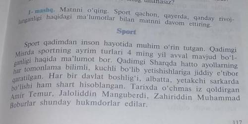 1-mashq. Matnni o'qing. Sport qachon, qayerda, qanday rivoj- langanligi haqidagi ma'lumotlar bilan m