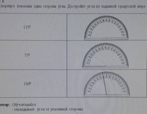 . На транспортире показана одна сторона угла Достройте угол по заданной градусной мере. ​