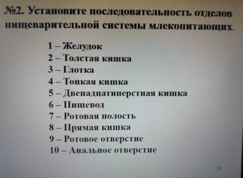 2. Установите последовательность отделов пищеварительной системы млекопитающих. Заранее ❤️