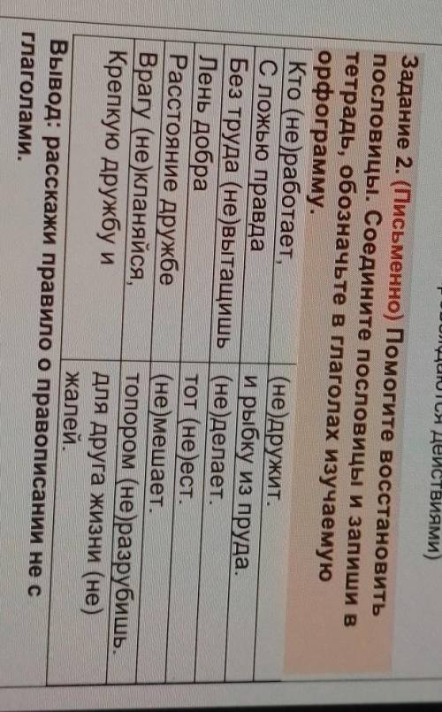 Задание 2. (Письменно восстановить пословицы. Соедините пословицы и запиши втетрадь, обозначьте в гл