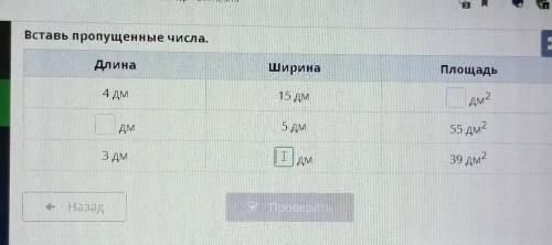 Ставь пропущенные числа. ДлинаШиринаПлощадь4 дм15 дмдм2AM5 дм55 дм23 дмI AM39 дм2+ НазадM Проверить​