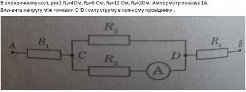 В елекричному колі, R1=4 Ом, R2=6 Ом, R3=12 Ом, R4=2 Ом. Амперметр показує 1 А. Визначте напругу між