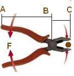 Плоскогубцы образуют два одинаковых соединённых рычага. Плечо рычага AB в 6 раз длиннее плеча BC. С 