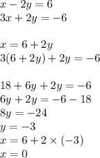 x - 2y = 6 \\ 3x + 2y = - 6 \\ \\ x = 6 + 2y \\ 3(6 + 2y) + 2y = - 6 \\ \\ 18 + 6y + 2y = - 6 \\ 6y + 2y = - 6 - 18 \\ 8y = - 24 \\ y = - 3 \\ x = 6 + 2 \times ( - 3) \\ x = 0