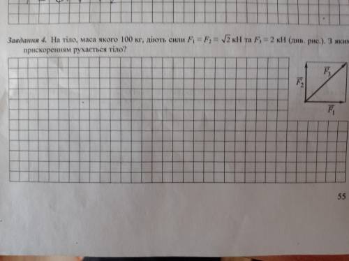 На тіло, маса якого 100 кг, діють сили F1= F2 =√2 кН та F3 = 2 кН (див. рис.). 3 яким прискоренням р